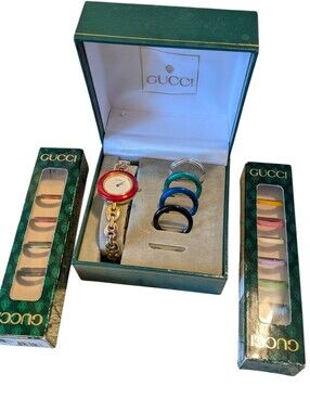Gucci Women's Gold Bracelet Watch with Interchangeable Bezels Vintage Works